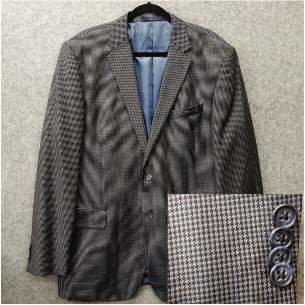 Houndstooth Wool Silk Blazer Mens 42L Navy Tan Fall Classic Office Joseph Abboud